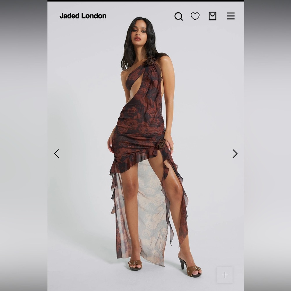 Jaded London Brown & Black Floral One-Shoulder Asymmetric Maxi Dress